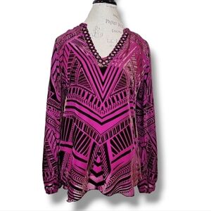 Hale Bob Pink Silk And Brown Velvet Printed Embelished V-Neck Blouse - Size Smal